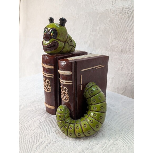 Vintage Book Worm Bookends 3D Heavy Ceramic Retro 1960-70 Hand Painted - Picture 3 of 11